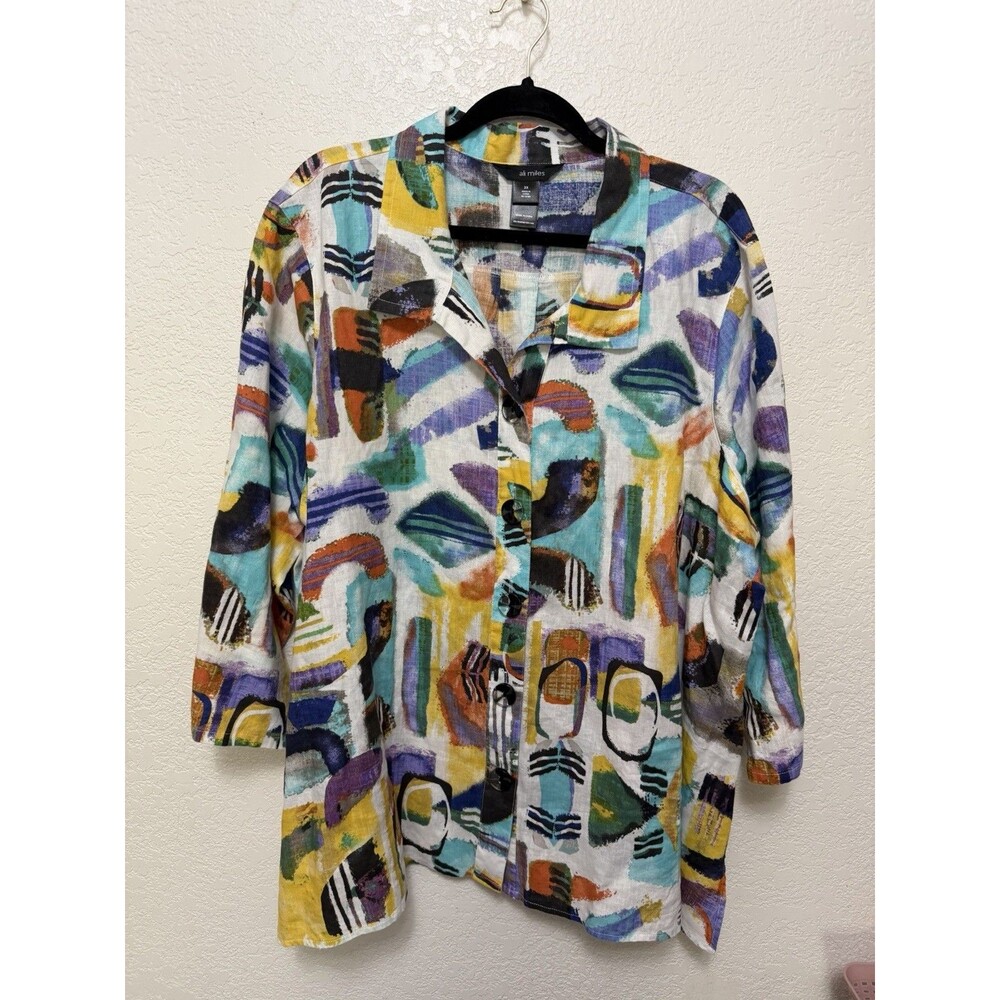 Ali Miles Linen Blend Button Front Tunic Top Sz 3X Abstract Artsy Lagenlook